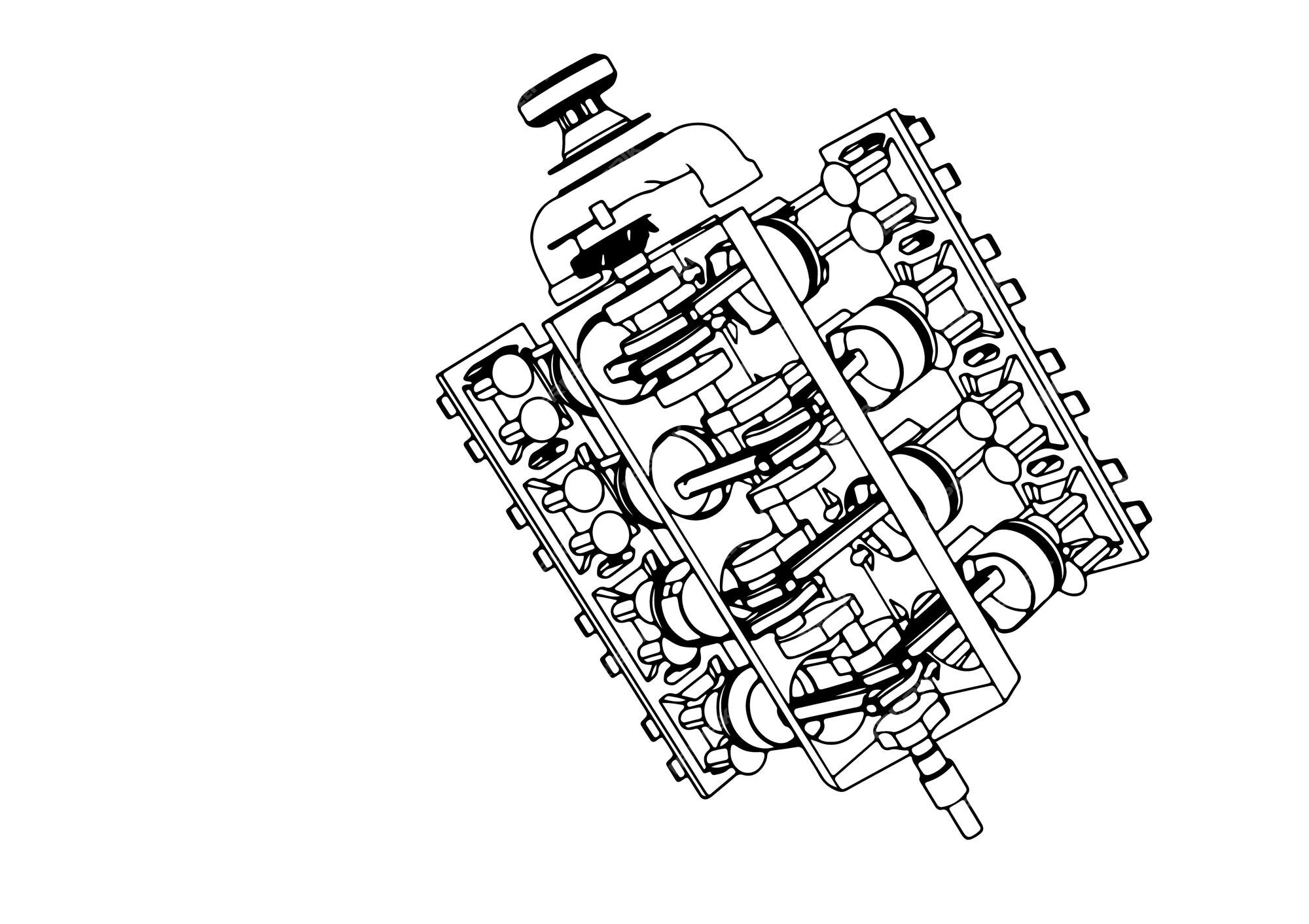 Desenho de um motor de combustão interna em um vetor de fundo branco