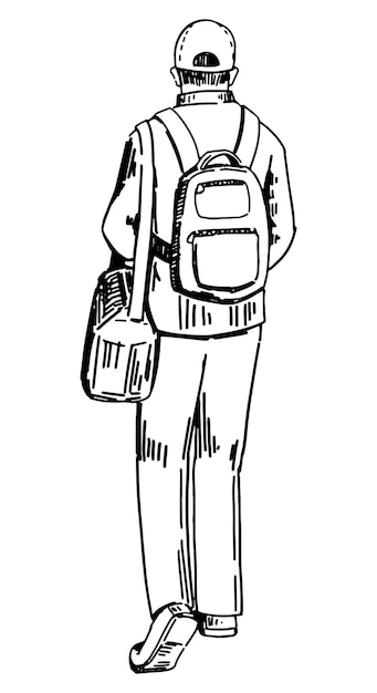 Vetor esboço de viajante turista doodle de homem caminhando com mochila de mochila ilustração vetorial desenhada à mão