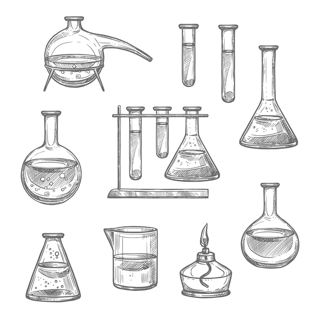 Esboço de vidro e equipamento de laboratório químico