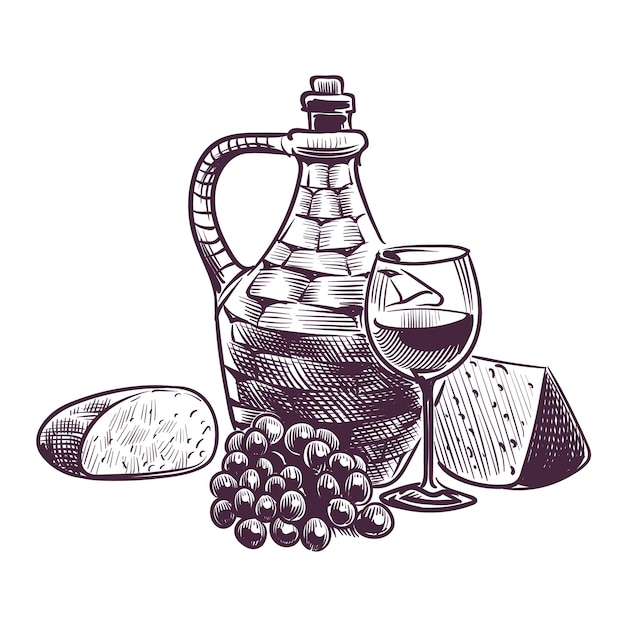 Vetor esboço de vinho composição de vinificação desenhada à mão bebida alcoólica clássica garrafa e vidro com pão de bebida de uva e ramo de queijo de uvas com ilustração isolada de vetor de folhas