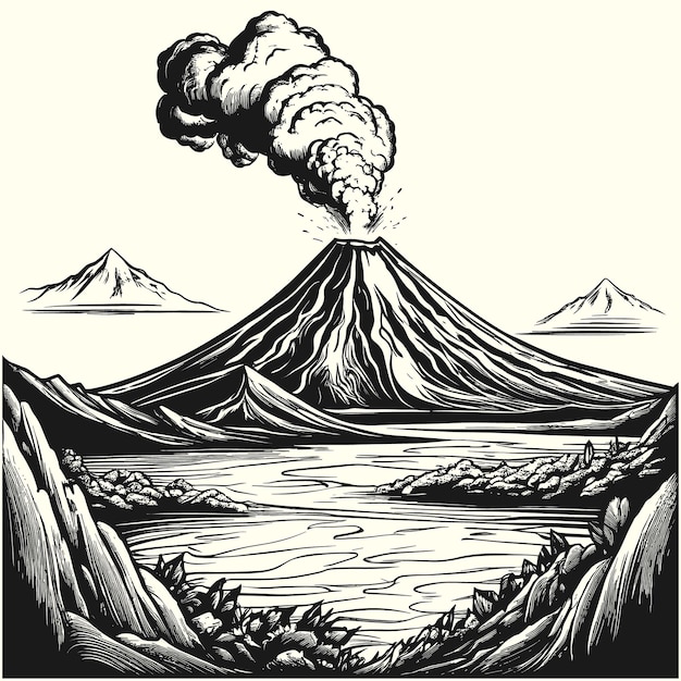 Vetor esboço de vulcão vetorial vomitando lava desenhado à mão em ilustração vetorial de estilo doodle