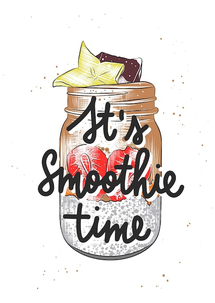 Esboço desenhado à mão com letras no fundo branco. é hora do smoothie. desenho detalhado vintage.