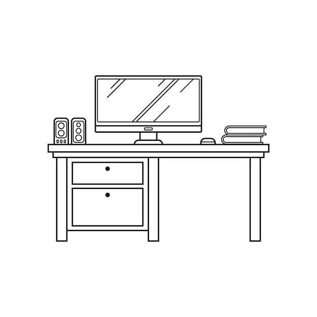 Esboço desenhado à mão da configuração da mesa de escritório com alto-falantes além do monitor