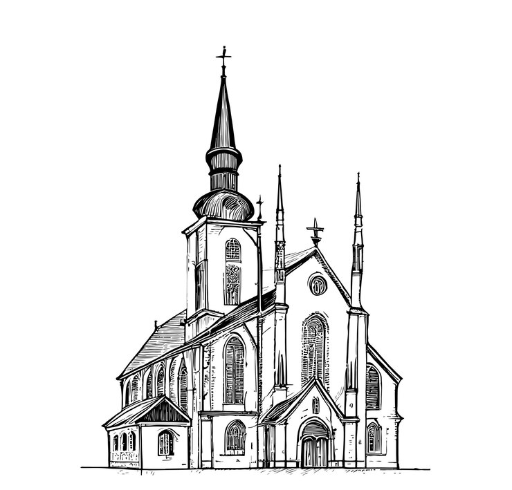 Esboço desenhado à mão da Igreja Católica Ilustração em vetor.