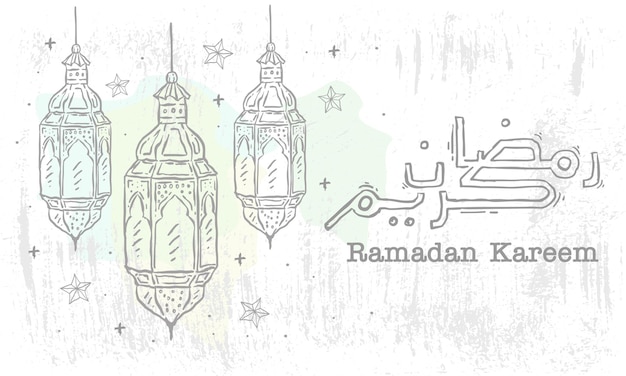 Esboço desenhado à mão da lanterna do Ramadã com ilustração vetorial de fundo grunge
