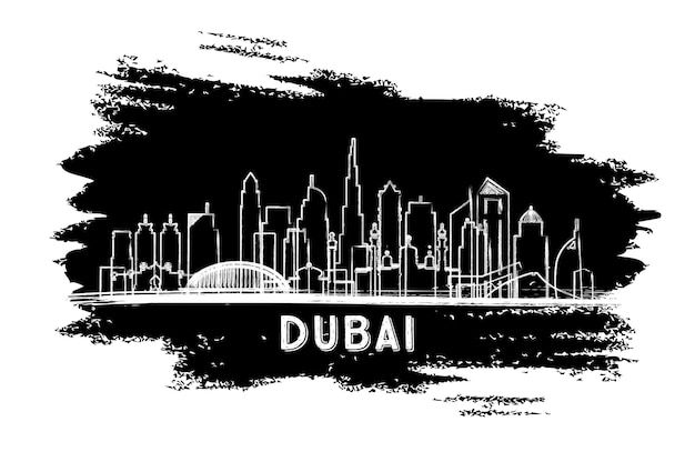 Vetor esboço desenhado à mão da silhueta do horizonte da cidade dos emirados árabes unidos dubai cityscape com marcos