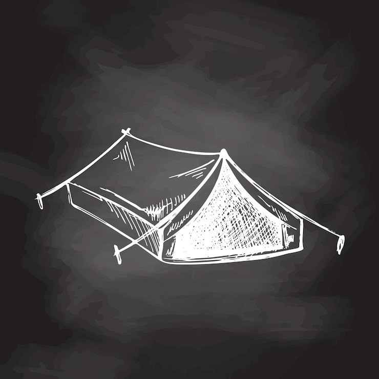 Vetor esboço desenhado à mão da tenda turística isolada no fundo do quadro-negro
