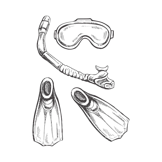 Esboço desenhado à mão de barbatanas de mergulho de máscara de mergulho e snorkel em fundo branco