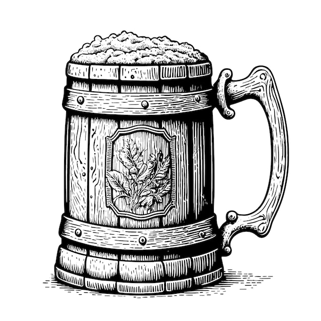 Esboço desenhado à mão de caneca de cerveja de madeira