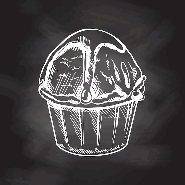 Vetor esboço desenhado à mão de um cupcake de sorvete com calda de chocolate em um copo isolado no quadro-negro fundo branco desenho vector vintage gravado illustrationx9