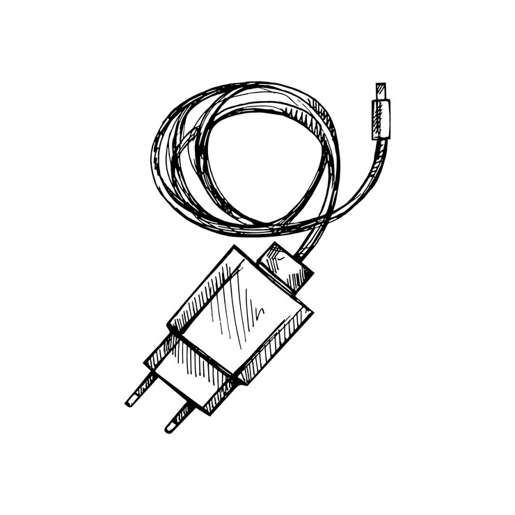 Vetor esboço desenhado à mão do carregador micro usb de plugue elétrico para closeup de smartphone com uma ilustração vetorial desenhada à mão de fio doodle