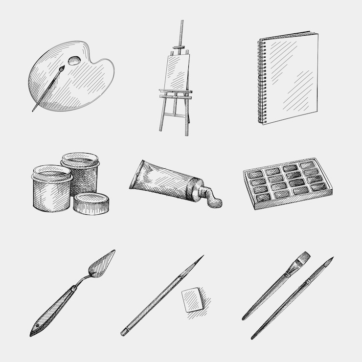Vetor esboço desenhado à mão do conjunto de desenho. ferramentas de artista. cavalete, paleta, pincéis para desenho, caderno de desenho, lápis e borracha, faca e espátula; estojo de paleta de estanho para aquarelas; garrafas de guache