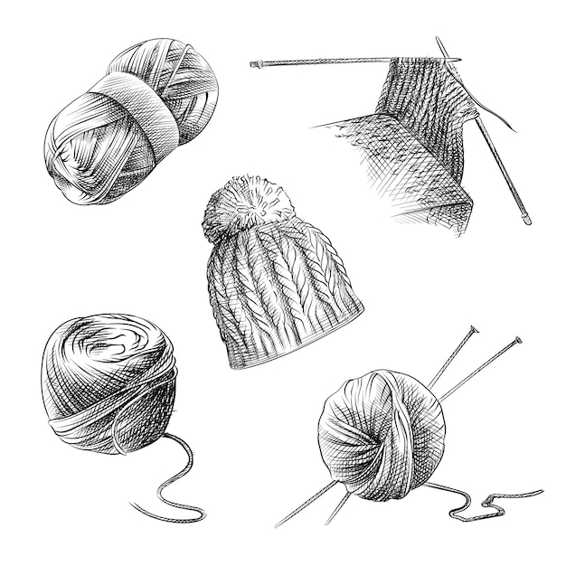 Esboço desenhado à mão do conjunto de tricô. o conjunto consiste em tricô de lã, agulhas de tricô enquanto tricô, gorro de tricô, novelo redondo e oblongo de linha.