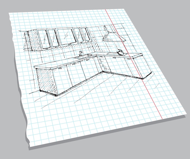 Vetor esboço desenhado à mão do interior em uma folha de caderno desenho rápido de móveis de cozinha ilustração vetorial no estilo de desenho