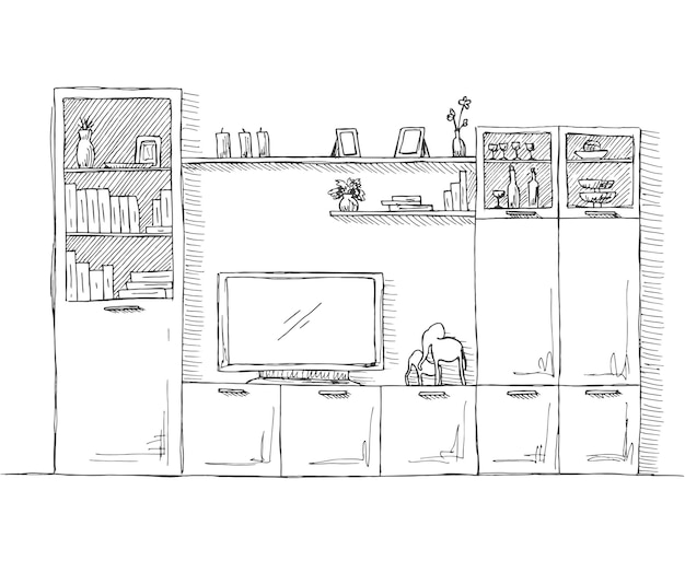 Esboço desenhado à mão esboço linear da cômoda interior da estante com tv e prateleiras ilustração vetorial