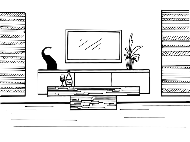 Esboço desenhado à mão Esboço linear da mesa de TV de TV interior e decoração Ilustração vetorial