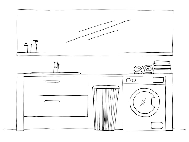 Esboço desenhado à mão esboço linear de um interior parte da ilustração vetorial do banheiro