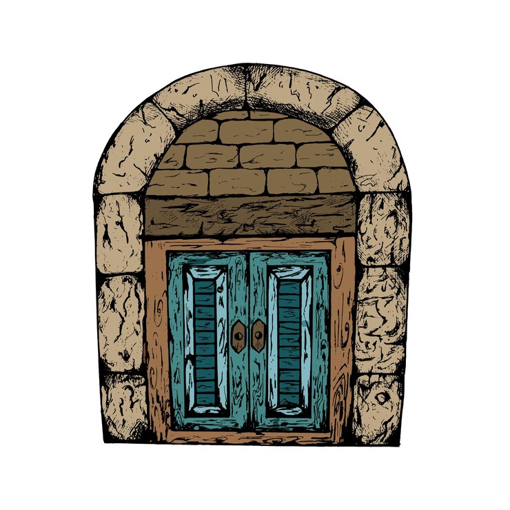 Vetor esboço desenhado à mão ou gravando portas vintage e hera
