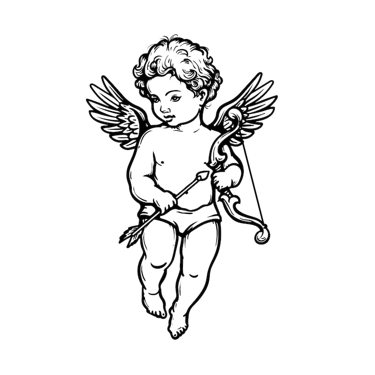 Esboço desenhado à mão querubim com asas flecha e arco anjo de Cupido