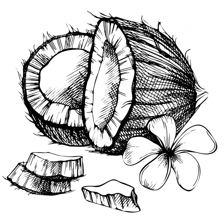Vetor esboço desenhado de mão de coco. desenho ilustração de comida tropical. estilo vintage
