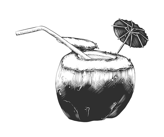 Esboço desenhado de mão de coquetel de coco de verão