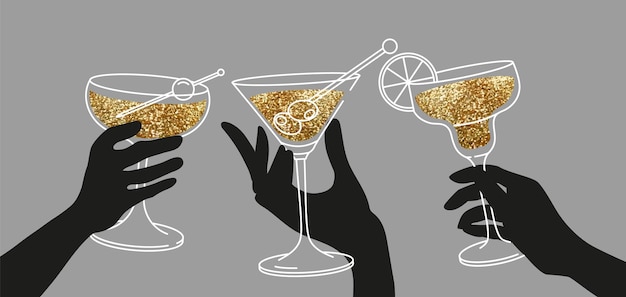 Esboço desenhando aplausos mãos de mulheres segurando copos de margaritas e martini ilustração plana