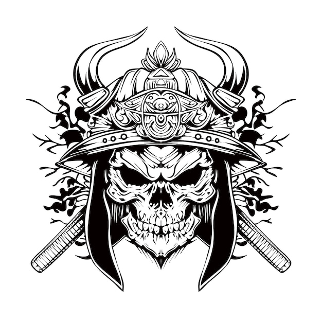 Esboço desenhando caveira japão samurai silhueta ilustração lineart