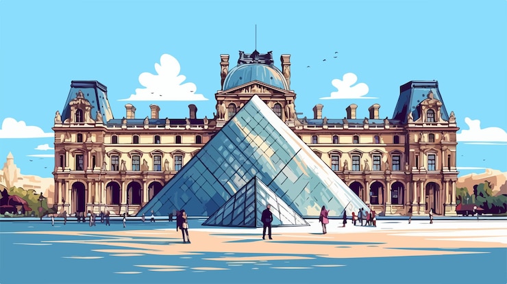 Vetor esboço detalhado da pirâmide no museu do louvre desenho vetorial plano artístico