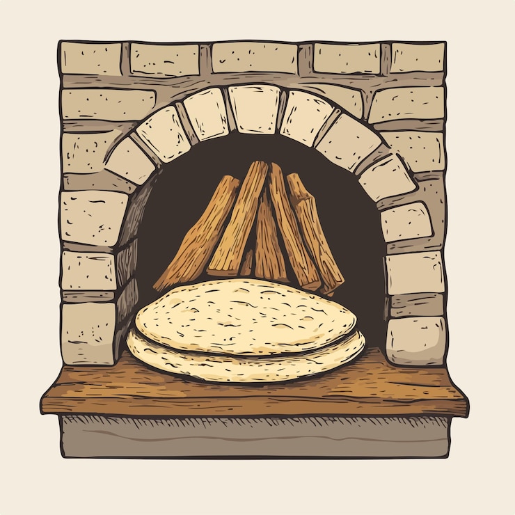 Vetor esboço detalhado desenhado à mão do pão azeri tandir pita ou pide para projetos de design culinário