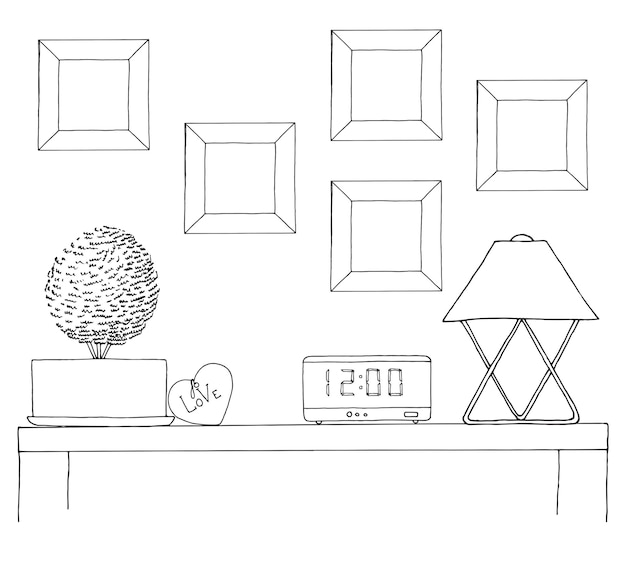 Esboço do interior uma mesa uma mesa de cabeceira uma prateleira com vários itens de interior pode ser usado como maquete