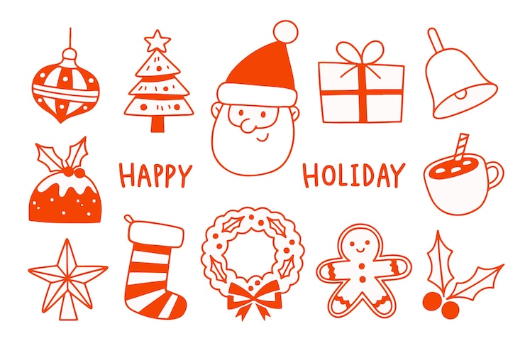Vetor esboço do papai noel com elementos sazonais. conjunto de elementos de férias