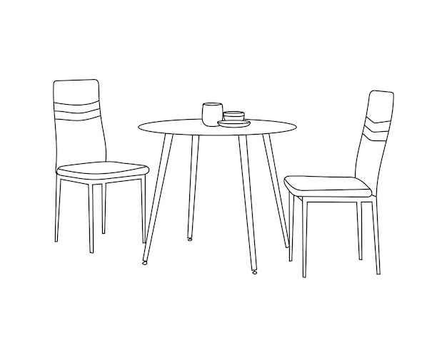 Vetor esboço doodle do conjunto de jantar cadeiras de desenho de linha e mesa com fundo branco
