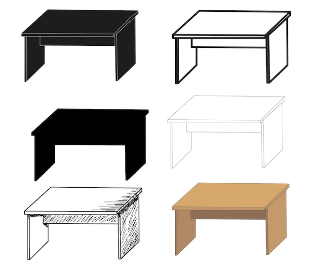 Esboço e silhueta de um conjunto de mesas isoladas