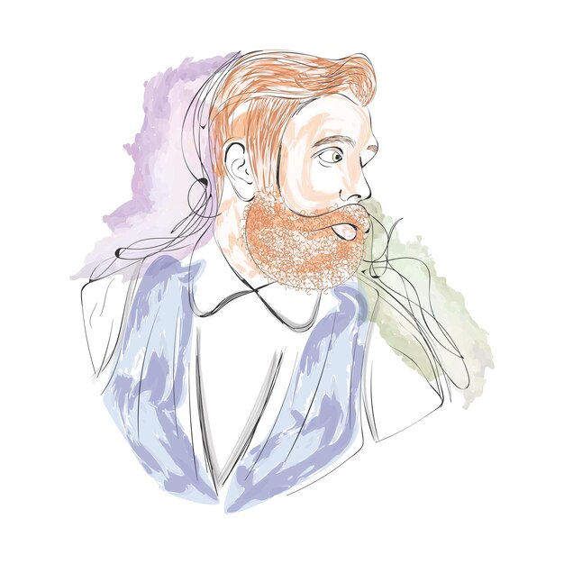 Esboço em aquarela isolado de um hipster com bigode e barba vetor grátis
