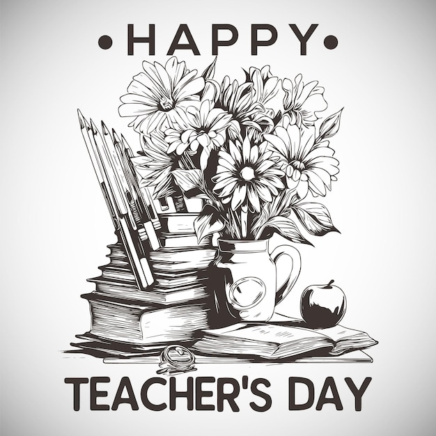 Vetor esboço feliz do dia do professor com flores, livros, lápis, maçã