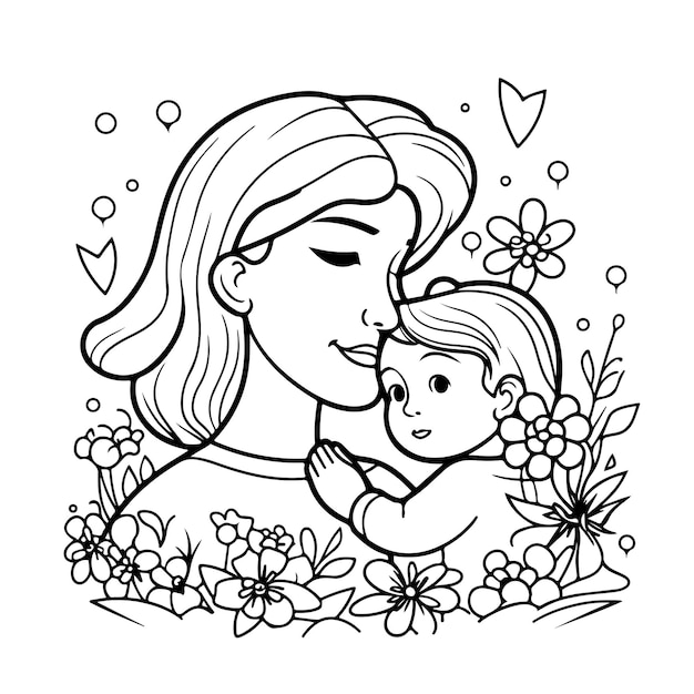 Vetor esboço mão desenhada arte de linha única página para colorir desenho de linha dia das mães