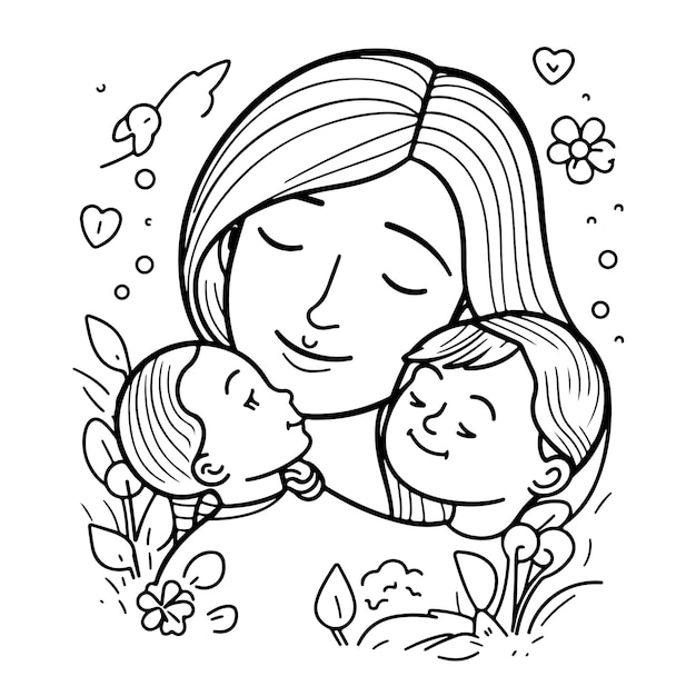 Desenho para colorir de mãe e filha do Dia das Mães Kawaii