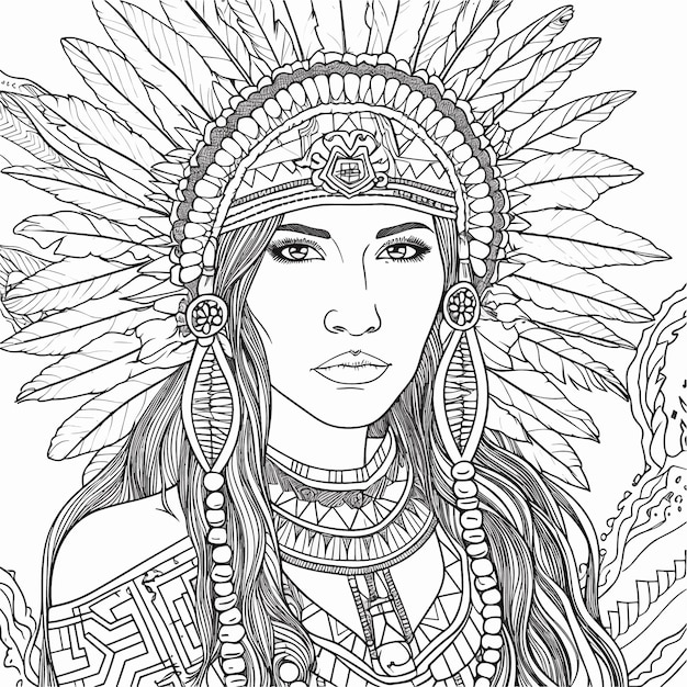 Vetor esboço mão desenhada arte de linha única página para colorir desenho de linha dia das mulheres nativas