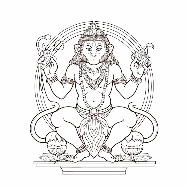 Vetor esboço mão desenhada arte de linha única página para colorir desenho de linha senhor hanuman day