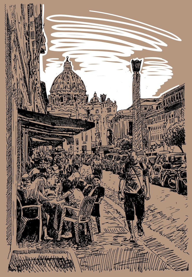 Vetor esboço original do desenho à mão da famosa paisagem urbana de roma, itália, cartão de viagem, ilustração vetorial