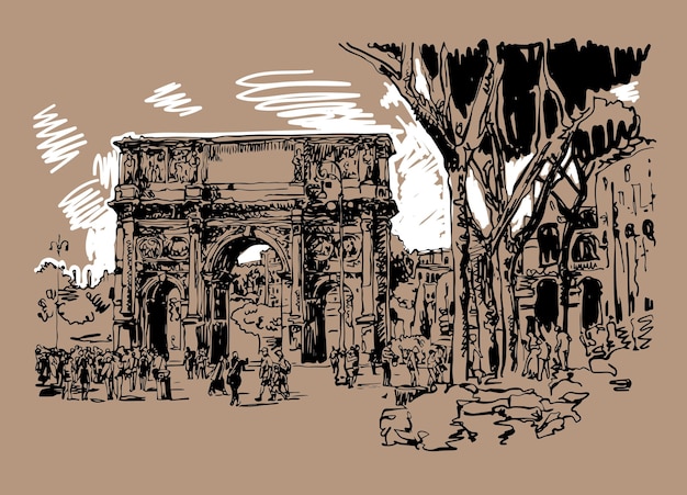 Vetor esboço original em sépia digital desenhando roma, itália, arco histórico do konstantine arco constantino