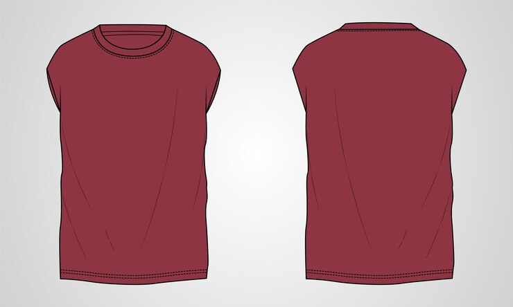Vetor esboço plano de camiseta de ginástica sem mangas grande vetor de modelo de cor vermelha vistas frontal e traseira