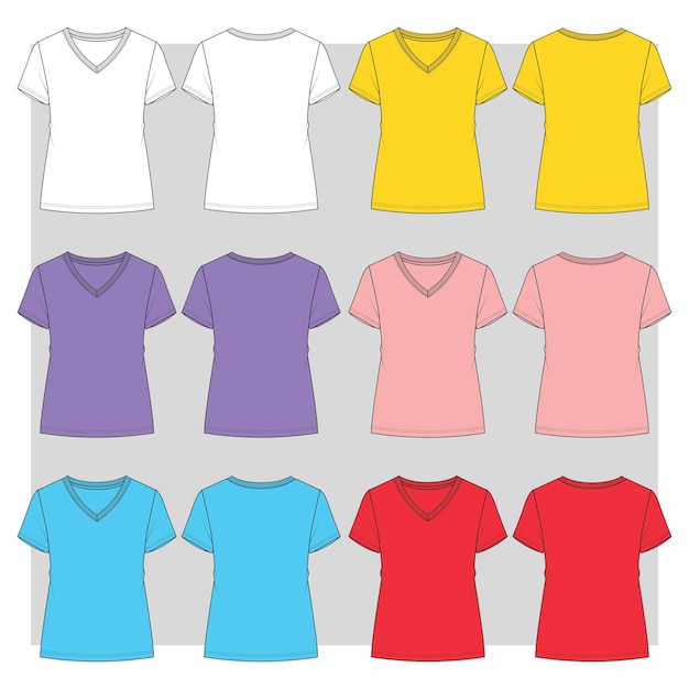 Esboço plano de camiseta feminina com decote em V multicolorido
