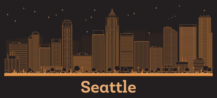 Vetor esboço seattle washington city skyline com edifícios laranja viagens de negócios e conceito com arquitetura moderna seattle cityscape com marcos