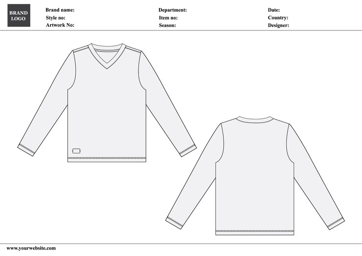 Vetor esboço técnico de camiseta de manga longa com pescoço em v