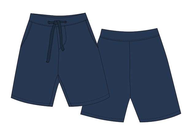 Esboço técnico design de calças de shorts esportivos modelo de roupas de menino cor azul maquete cad estilo casual vista traseira e frontal design para catálogo de moda de embalagens ilustração vetorial de moda