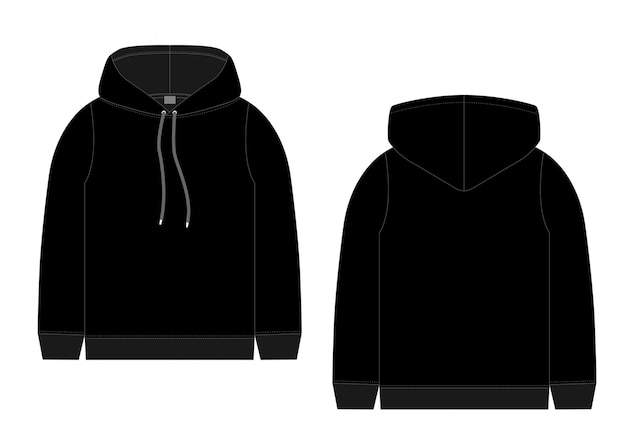 Esboço técnico para o hoodie preto dos homens. vista frontal e traseira. desenho técnico de roupas infantis. sportswear, estilo urbano casual.