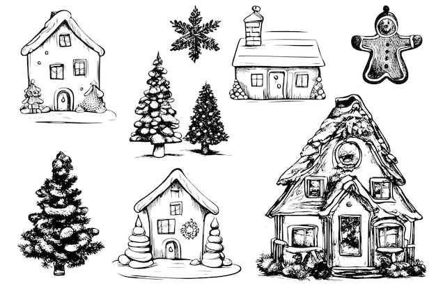 Esboço vetorial de casa de inverno desenhada à mão com neve e abeto com parafernália de natal