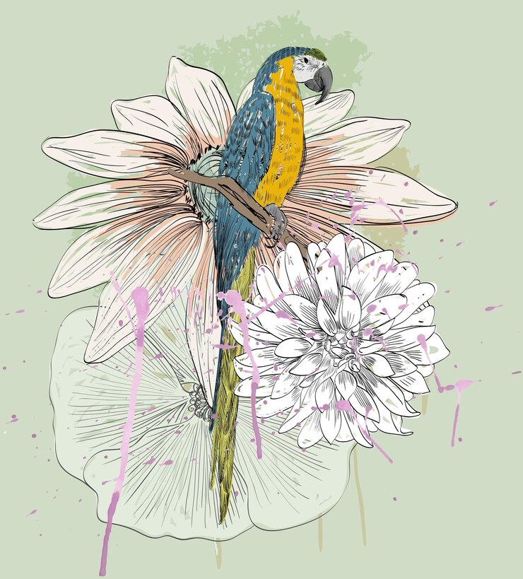 Vetor esboço vetorial de um papagaio com ilustração desenhada à mão de flores.