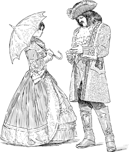 Esboços de casal nobre em trajes históricos de luxo em pé e conversando